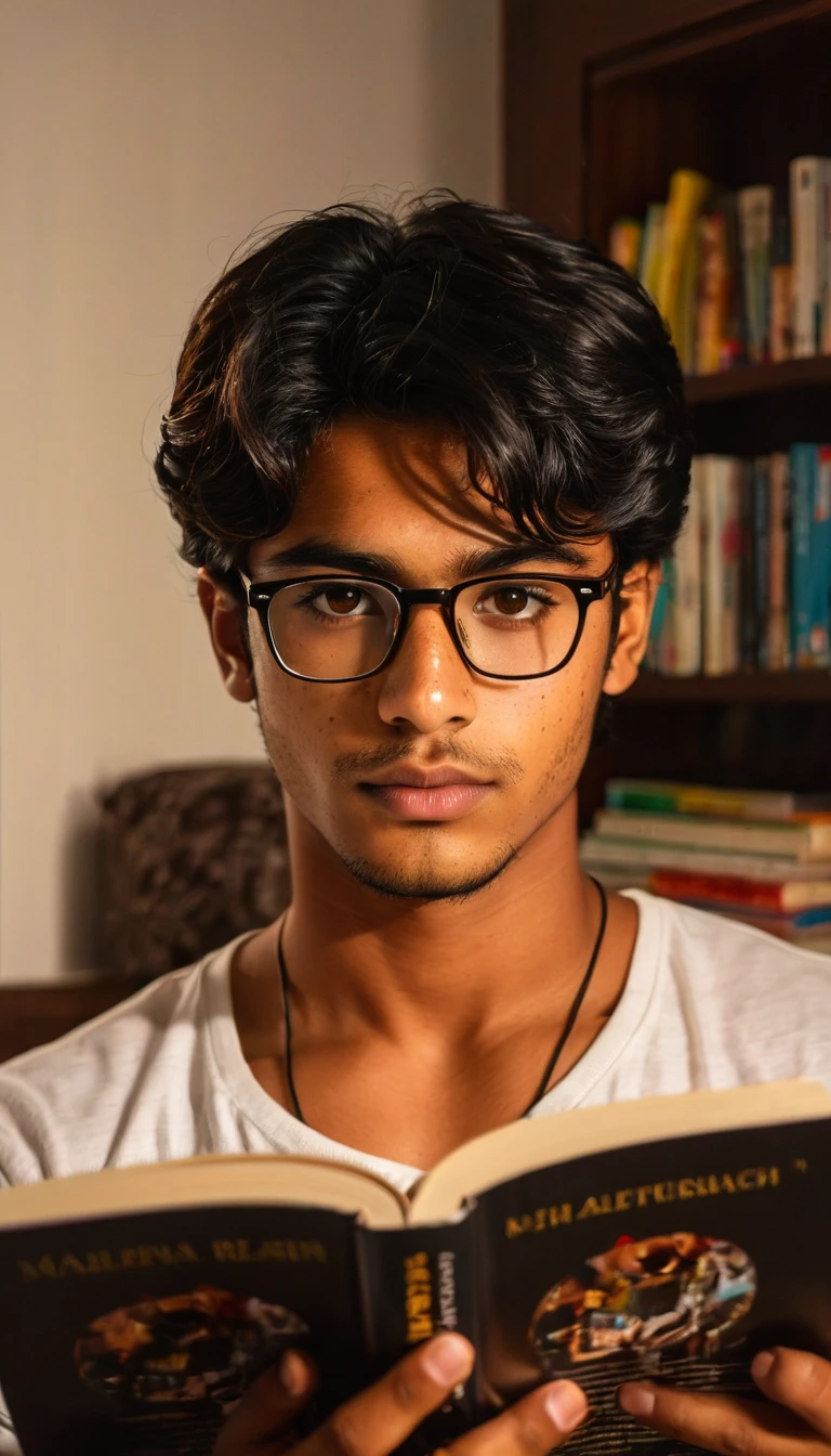(Photography, Realism: 1.4),
23 years old, male, black hair, smart looking, Maldivian, highly detailed eyes, highly detailed face, brown eyes, freckles, glasses, reading in his home, at nigh, donte look camera