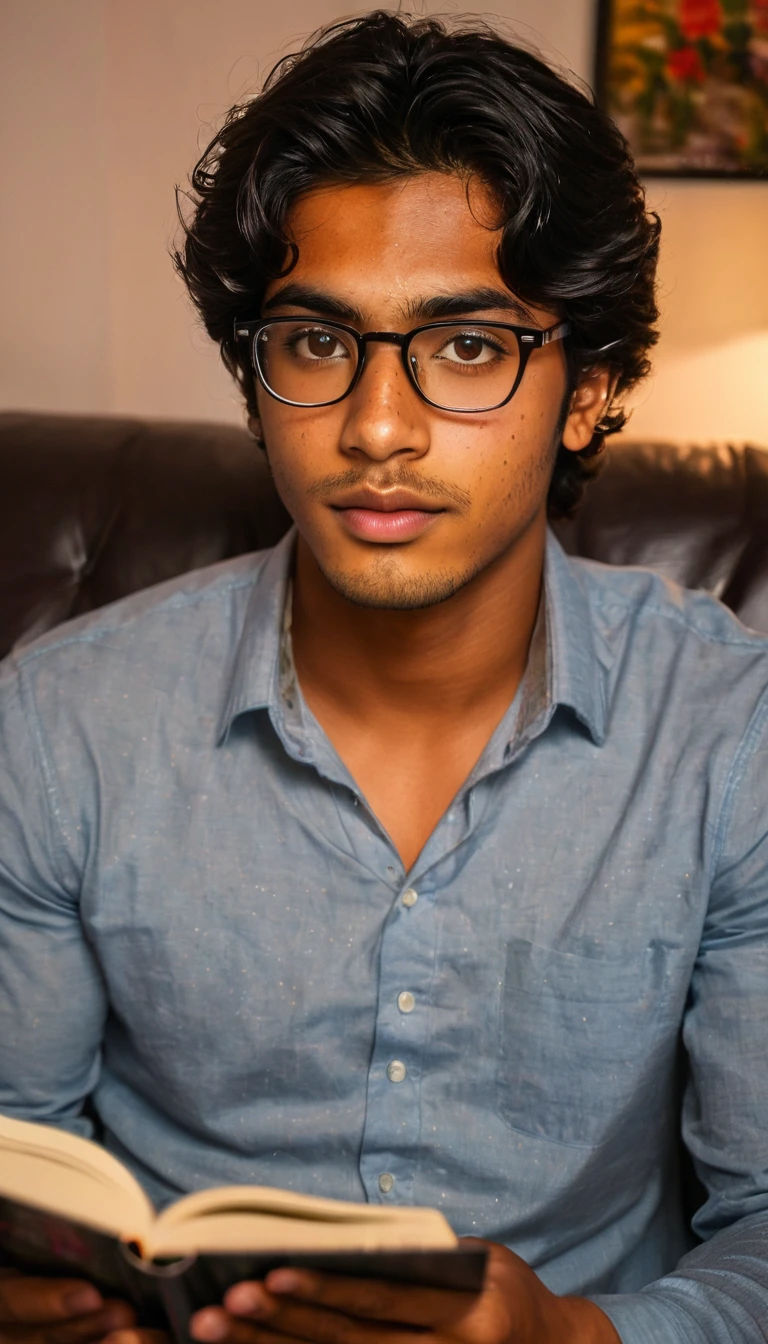 (Photography, Realism: 1.4),
23 years old, male, black hair, smart looking, Maldivian, highly detailed eyes, highly detailed face, brown eyes, freckles, glasses, reading in his home, at nigh, donte look camera 