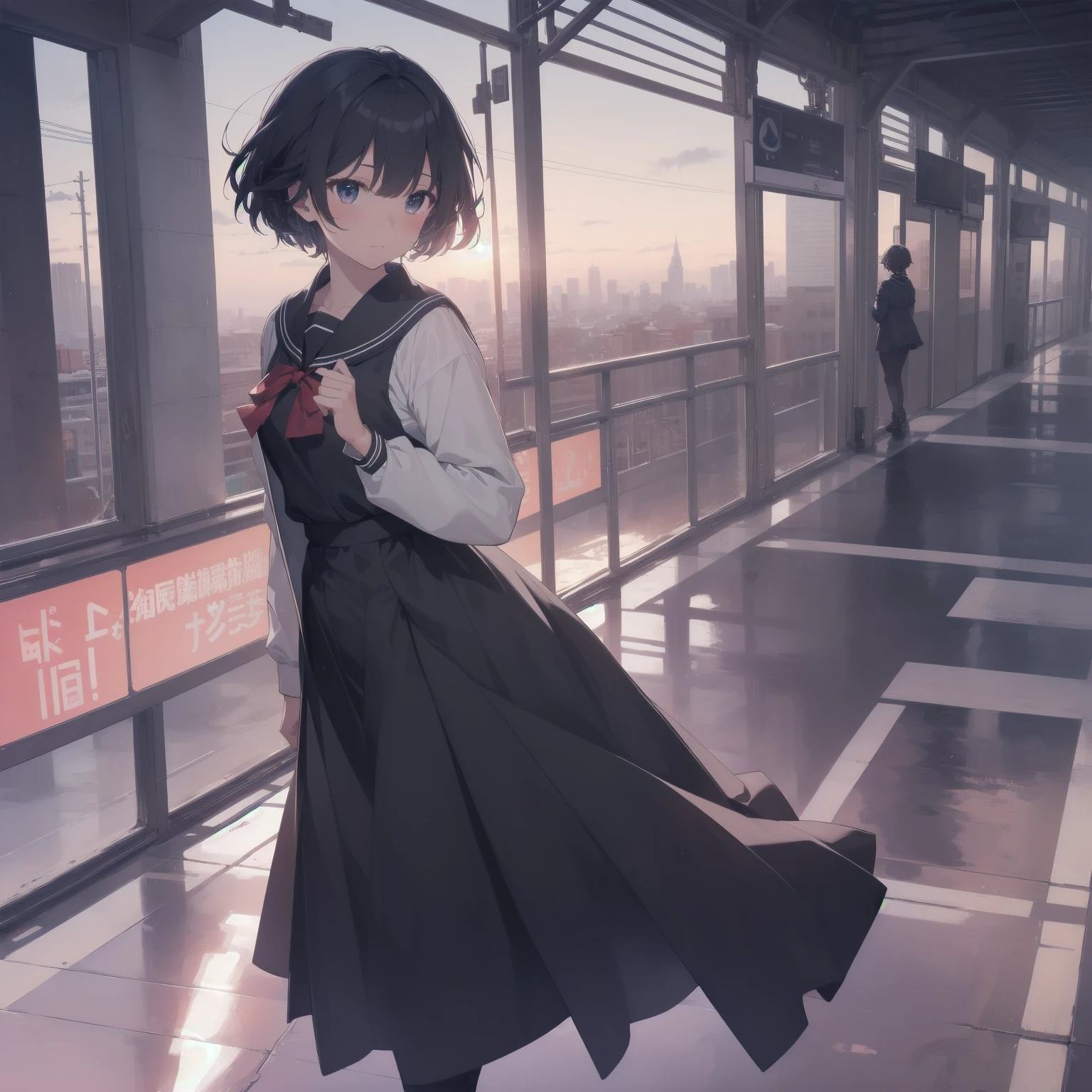 ultra-absurdres-Top quality by artist God, ultra-detailed, high resolution, anime moe artstyle, best anime 8k konachan wallpaper, pixiv contest winner, pool:2810, perfect anatomy,break, 1girl, (Please draw a girl walking sleepily to school alone. )break,(Solo,little female, 13-year-old:1.3),Full limbs, complete fingers,a junior high school student, (very short hair), short cut, flat chest, , small butt, small black eyes, beautiful detailed eyes, well-proportioned iris and pupils, expressive eyes, highres detailed hair, soft expression, salor school_uniform, sailor collar, serahuku, bow, pleated skirt,(Detailed Lighting), (Detailed background), in the School commute route. break,super detailed skin, Best cinematic lighting powered by famous artist, 8k,beauty illustration,photoshop_(medium),very aesthetic,break,((artist:saiguchi_otoufu )), artist:clamp ,artist:carnelian ,artist:kantoku ,
