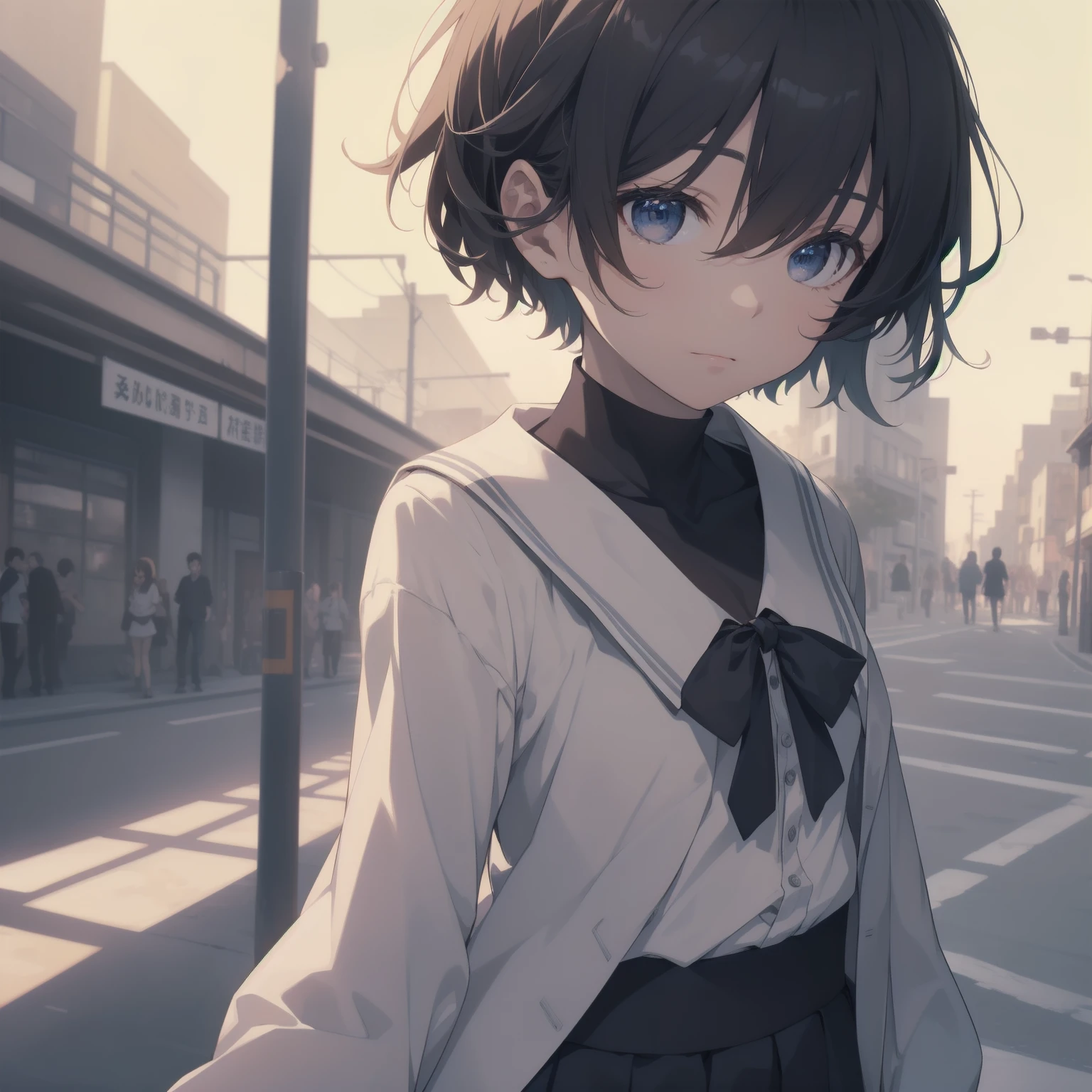 ultra-absurdres-Top quality by artist God, ultra-detailed, high resolution, anime moe artstyle, best anime 8k konachan wallpaper, pixiv contest winner, pool:2810, perfect anatomy,break, 1girl, (Please draw a girl walking sleepily to school alone. )break,(Solo,little female, 13-year-old:1.3),Full limbs, complete fingers,a junior high school student, (very short hair), short cut, flat chest, , small butt, small black eyes, beautiful detailed eyes, well-proportioned iris and pupils, expressive eyes, highres detailed hair, soft expression, salor school_uniform, sailor collar, serahuku, bow, pleated skirt,(Detailed Lighting), (Detailed background), in the School commute route. break,super detailed skin, Best cinematic lighting powered by famous artist, 8k,beauty illustration,photoshop_(medium),very aesthetic,break,((artist:saiguchi_otoufu )), artist:clamp ,artist:carnelian ,artist:kantoku ,
