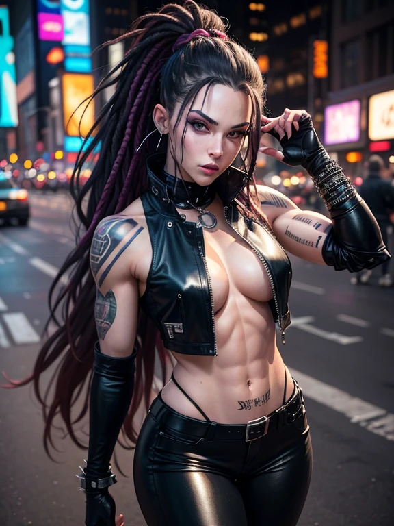 in NYC, Times Square, 25 year old woman in wolf style, from DC comics, with dreadlocks, intergalactic anti-heroine, known for her cruelty and sarcastic behavior.. He is depicted as an alien humanoid with pale white skin., long black dreadlocks, and super muscular physique in tight black leather pants.. His bright red eyes give his appearance a menacing cast... Often dressed in an open black leather vest., Tight pants, and heavy boots, he has a punk rock look. With tattoos and scars all over my body, emphasizing his seasoned character., 