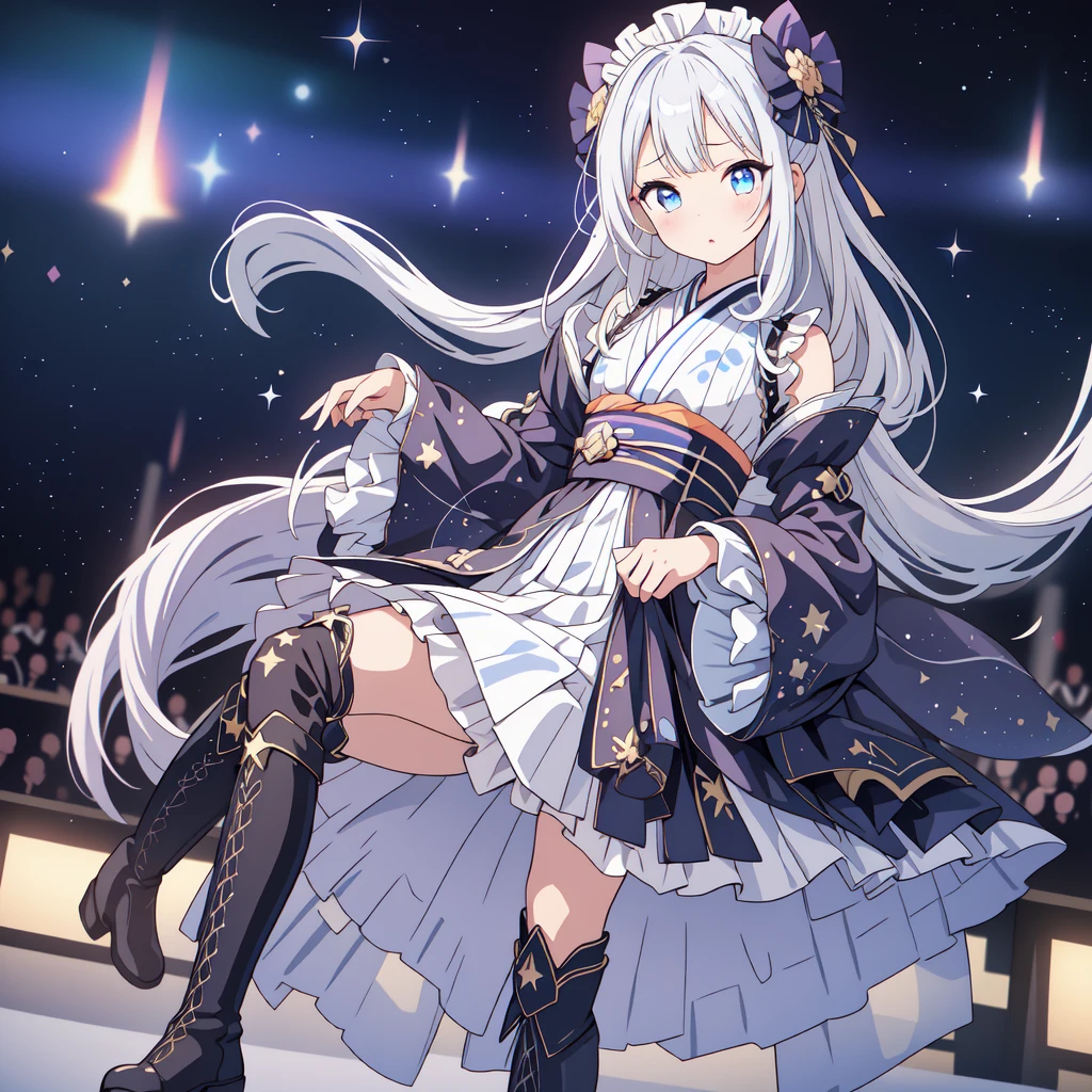 Star Fairy、(masterpiece, Highest quality), One girl, 「Beautifully printed galaxy patterned kimono and gothic ta outfits.、Space Pattern Ruffle Box Pleated tand in front of the audience、Knee-high boots、Captivating eyes、Perfect and amazing face、Exquisite detail、Clear images、Highest quality。」Milky white and blue gradient long straight hair、
