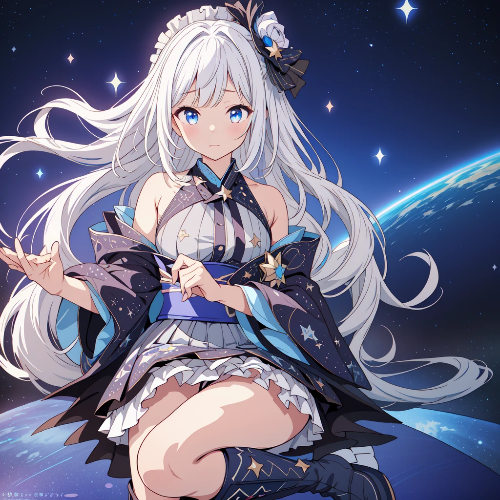 Star Fairy、(masterpiece, Highest quality), One girl, 「Beautifully printed galaxy patterned kimono and gothic lolita outfits.、Space Pattern Ruffle Box Pleated tand in front of the audience、Knee-high boots、Captivating eyes、Perfect and amazing face、Exquisite detail、Clear images、Highest quality。」Milky white and blue gradient long straight hair、