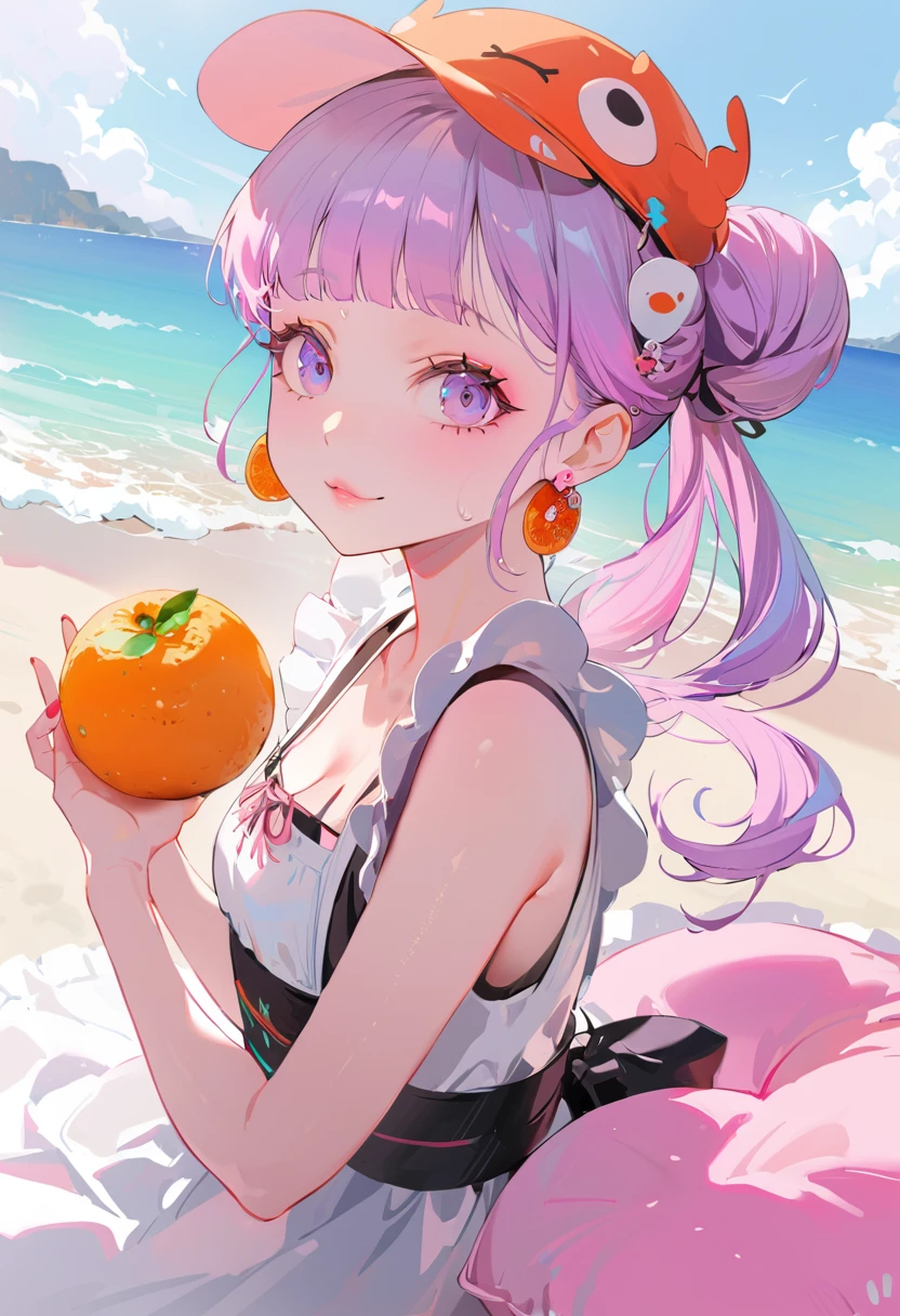 (Maid:1.5),(最高quality,Super detailed,High resolution:1.2),Purple hair girl painting、Glass mandarin orange earrings decorate both ears、Eye color: Ocean pink purple、Beautiful girl with a perfect face,Two girls、One of them is wearing a crab hat、One of them is wearing a tangerine hat.、very_Long eyelashes, Detailed lips, A radiant smile, Holding hands、Soft Skin, Shiny Hair,Vibrant Background, Natural light,The cutest girl in the world,Exquisite makeup,Pouting、((Hugging on a cushion))、Sit down, long hair、Bun hairstyle Beautiful, translucent white skin、Wet purple dress、Pink underwear is visible、Pink bra is visible through、Pink pants show through、quality\(8K,非常に精細なCGユニットのwallpaper, masterpiece,High resolution,top-quality,top-quality real texture skin,Super two-dimensional,Increase the resolution,RAW Photos,最高quality,Very detailed,wallpaper,Ray-tracing,Golden Ratio\),[Browsing Caution]
