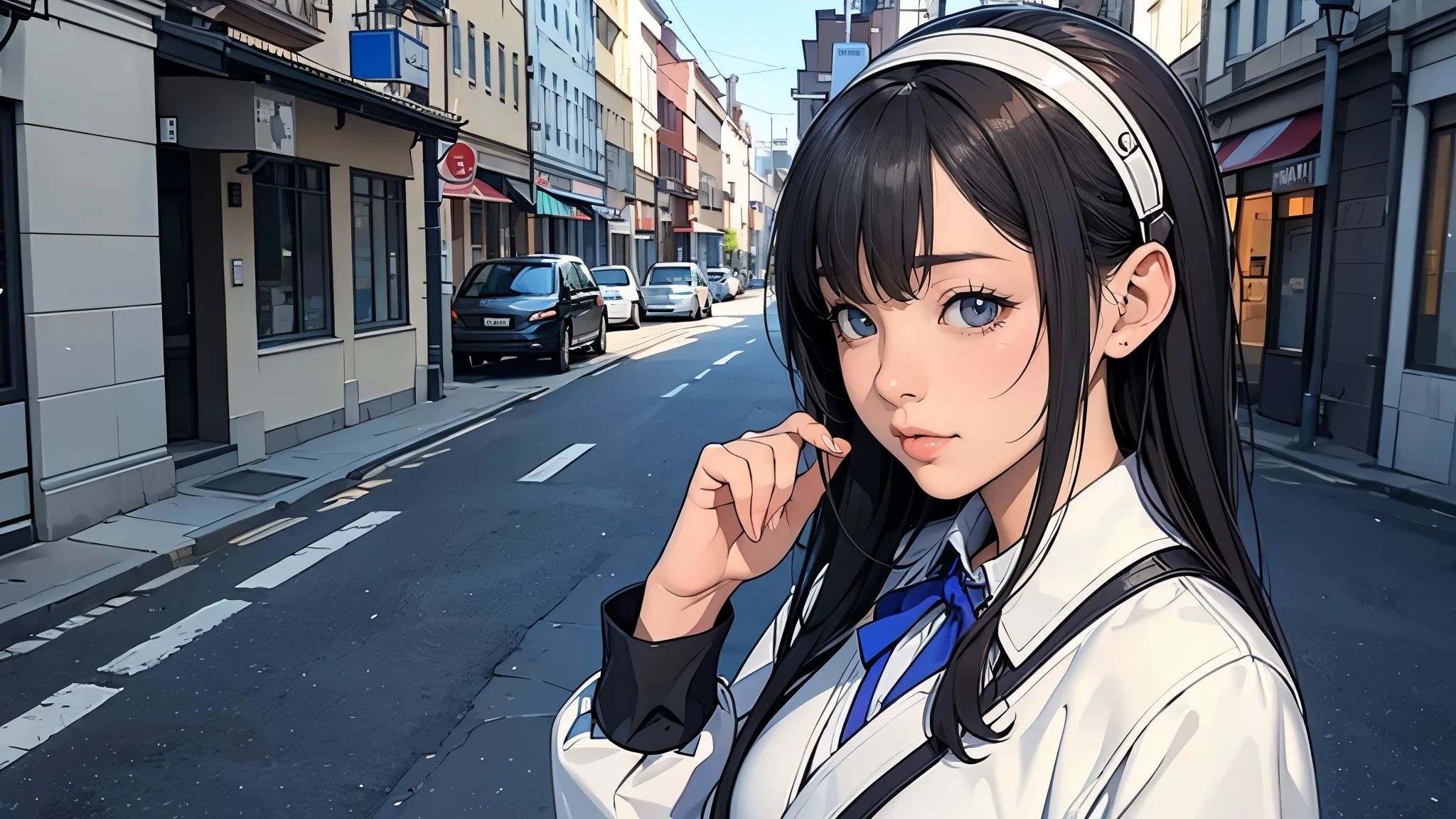 Ultra HD、super high quality、masterpiece、detailed、8K、The location is on a quiet city street、Schoolgirl１Person listening to music on headphones、15-year-old high school girl、そのロシア人で髪の毛は黒色のロング、Has blue eyes、Has a glamorous figure、The clothes she&#39;s wearing are one-piece dresses.、Pretty sexy、Lo-Fi images,The background is blurred、Nostalgic and relaxing atmosphere、At dusk、Afternoon sun