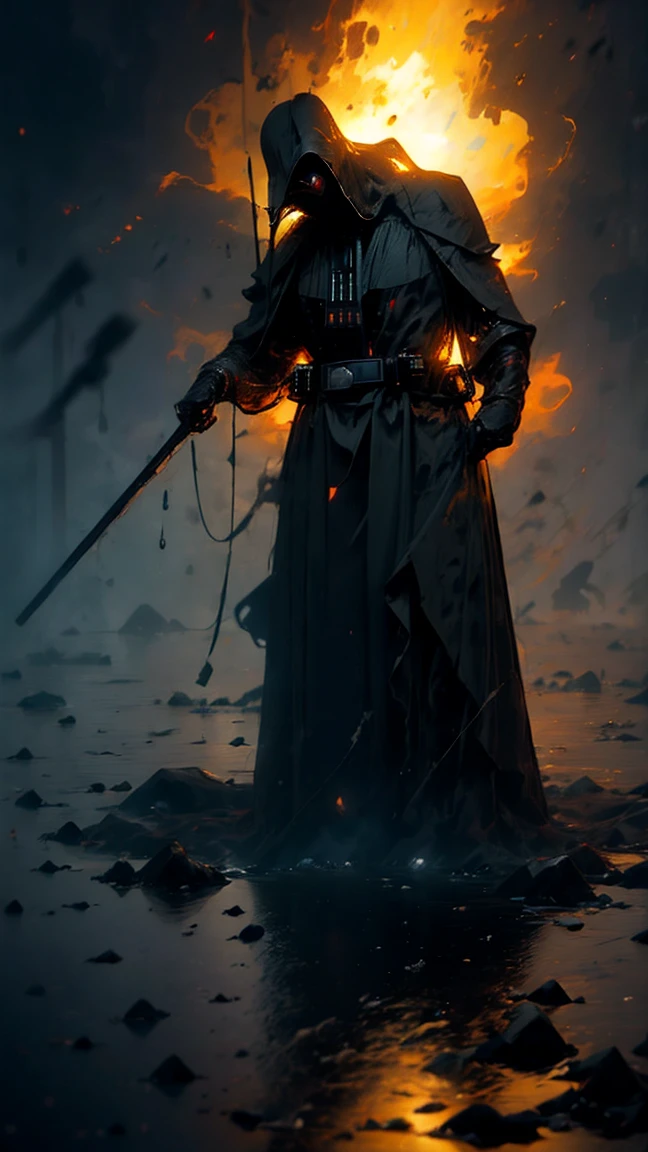 (Highest quality,Super detailed),dark,Wet,Artificial raindrops falling,Darth Vader Standing in the Rain。Masks are advertisements、