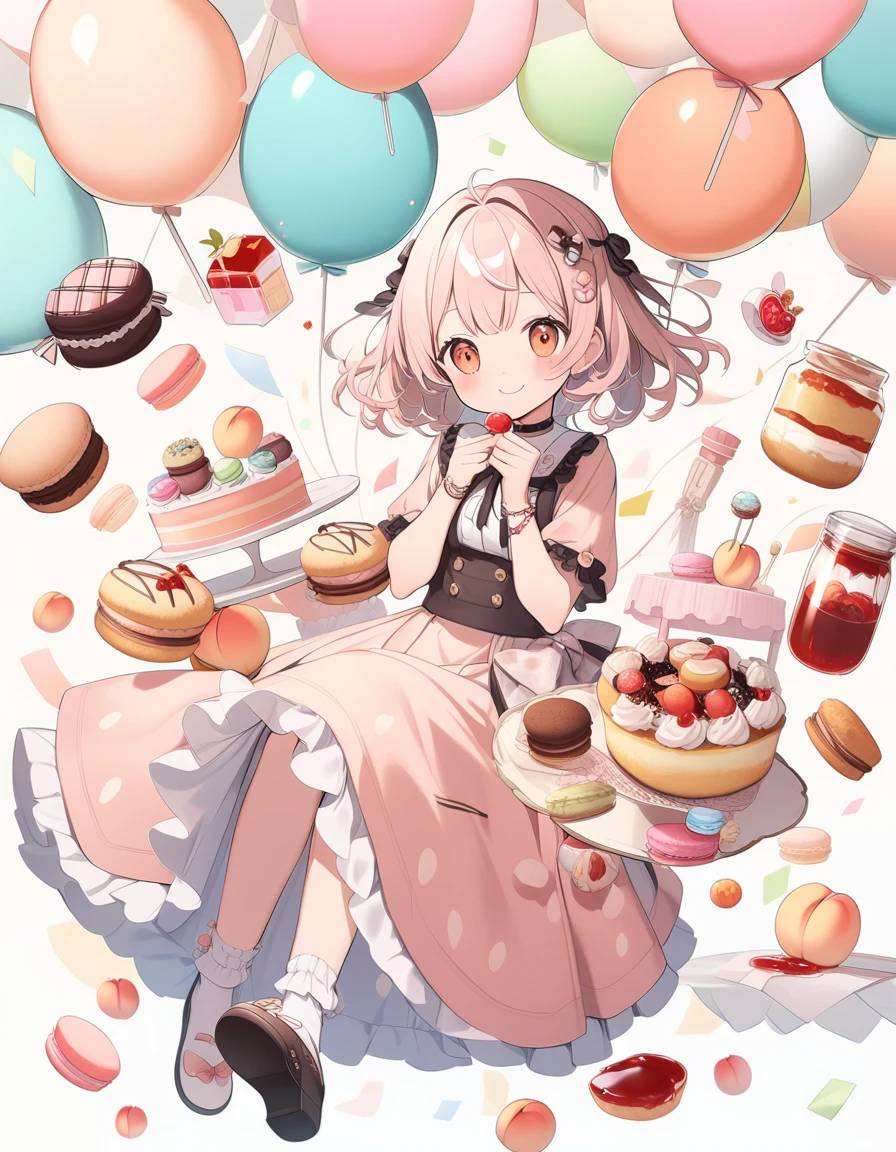 One girl,(cute, floating, peach, fruit, cake, Jam jar, muffin, Lollipop, Macaroons, Sweets Explosion:1.3), cute clothes, Long Skirt、Frills, race, cute hair ornament, cute bracelet, cute socks, cute footwear,whole body, smile, Sitting,