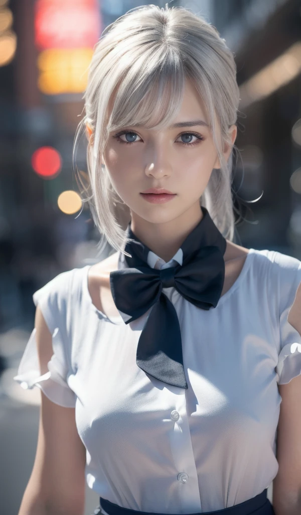 1girl,(8k, RAW photo, best quality, masterpiece:1.3),(realistic,photo-realistic:1.37),(night),(looking at viewer:1.331),(white hair),posing,Tokyo street,nightcityscape, , cyberpunk city,soft light,1girl,extremely beautiful face,bust,put down hands,Random hairstyle,Random expression,big eyes, ,lower abdomen,(short-sleeved
JK_shirt),JK_style,(dark blue JK_skirt) ,(bow JK_tie),,mix4, an extremely delicate and beautiful girl, depth of field, blurry background, blurry foreground,, delicate, beautiful, beautiful face, beautiful eyes, beautiful girl, delicate face, delicate girl,, 8k wallpaper,(best quality:1.12),(detailed:1.12),(intricate:1.12),(ultra-detailed:1.12),(highres:1.12), hyper detailed,ultra-detailed, high resolution illustration, colorful, 8k wallpaper, highres, Cinematic light, ray tracing, (8k, RAW photo, best quality, masterpiece, ultra highres, ultra detailed:1.2), (realistic, photo-realistic:), Ultra-realistic capture, Highly detailed, High resolution 16k close-up of human skin. Skin texture must be natural, With such detail that pores can be finely identified. Skin should look fair-skinned, In a uniform tone. Use natural light and color