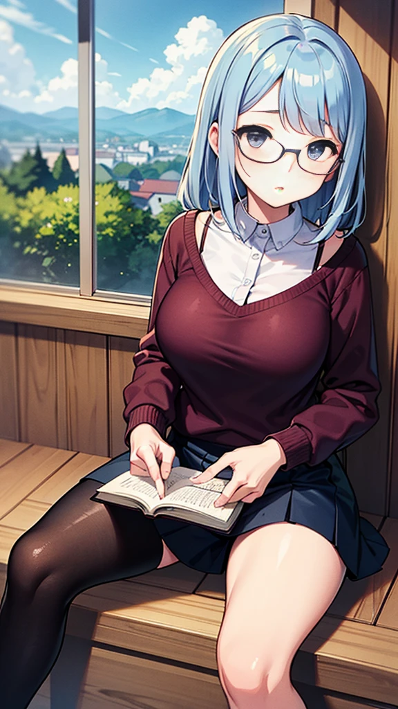 Create an anime-style illustration of a named Shizuka. She has long, straight, blue hair with bangs cut straight across her forehead. She has large, almond-shaped silver-blue eyes and porcelain-like white skin. Shizuka often wears glasses. Her outfit consists of a loose sweater paired with a skirt, knee-high socks, and loafers. Shizuka is an introverted, quiet girl who prefers to spend her time alone in peaceful places, reading books or drawing. She has no accessories. The background should be a tranquil suburban setting, highlighting her serene and introspective nature.