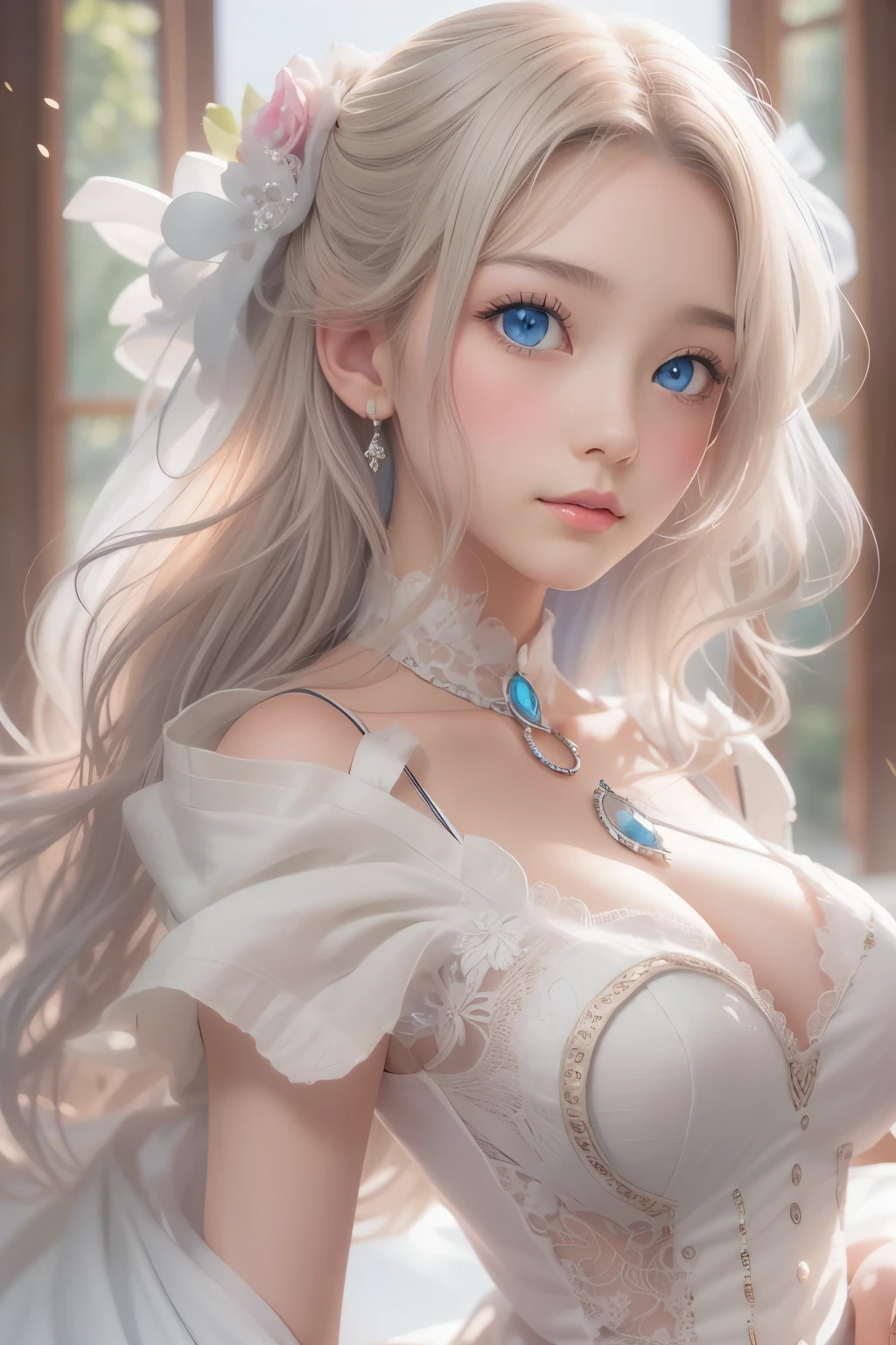 There is a woman in a white dress holding a music box, artwork in the style of Gwaiz, Gwaiz on pixiv artstation, Gwaiz on artstation pixiv, Gwaiz, Fantasy art style, Gwaiz masterpiece, Beautiful and elegant queen, Beautiful character drawings, Detailed digital anime art, Blonde Princess, Gray Hair, Sky blue eyes, Pink Lips