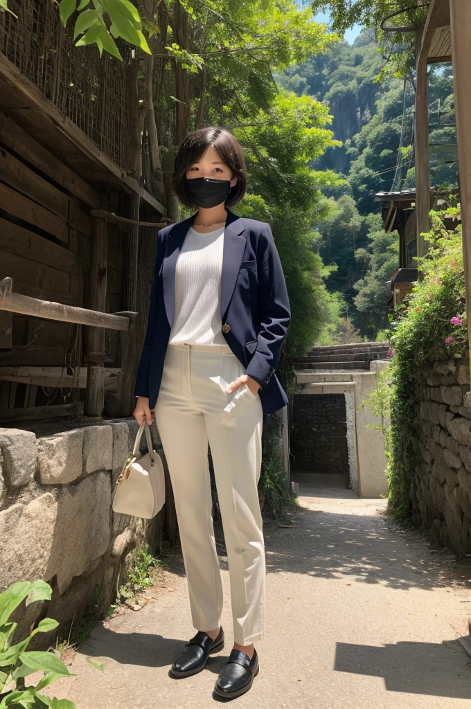 Female junior high school student president、pants suit、short hair、Deep in the mountains、Wearing a mask