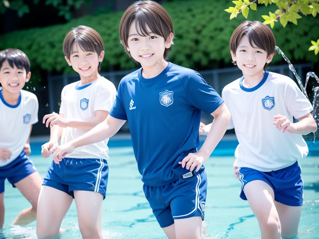 夏休みのprimary school校、Pool、primary school5Grade、Japan Boy、Glowing water splashes、A good boy dripping with water、hot day、Two Boys、Various poses、Short sleeve gym uniform、Blue shorts、physical education、barefoot,(Boy 1.4)、Boys only 、(10Age 1.4)