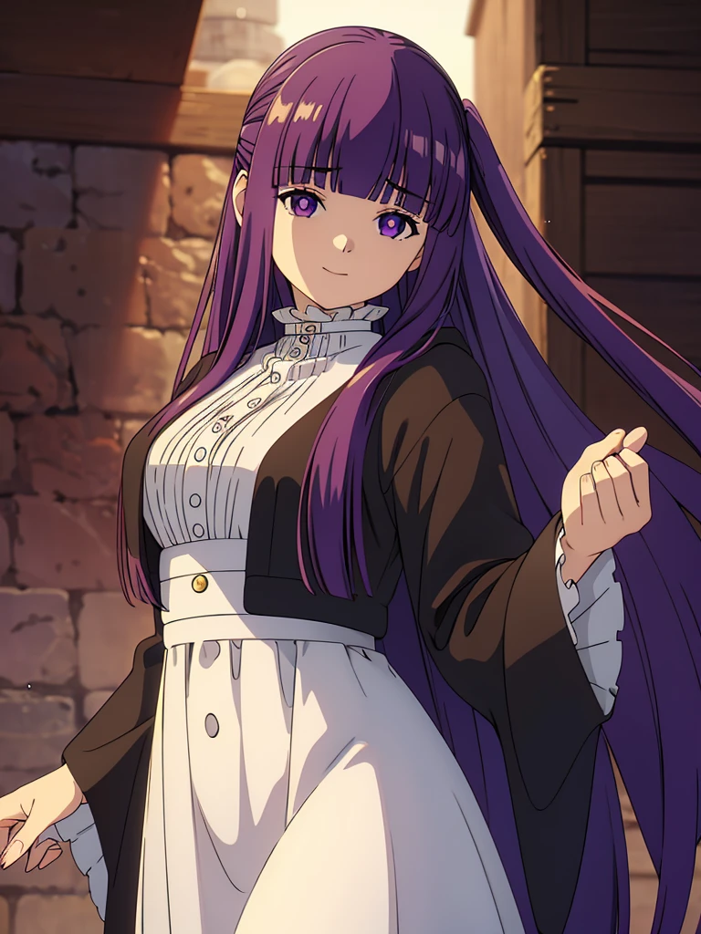 è²ä¼¦,1girl,solo,purple hair,long hair,purple eyes,blunt bangs,sidelocks,half updo,bright pupils, hair ornament,frilled collar,black robe,white dress,center frills,buttons,wide sleeves,long sleeves,curvy,cowboy shot,brown coat,from side,smile,, Exquisite visuals, high-definition,masterpiece,best quality,, 20yo,Young female,Beautiful Finger,Beautiful long legs,Beautiful body,Beautiful Nose,Beautiful character design, perfect eyes, perfect face,expressive eyes, looking at viewer, official art,extremely detailed CG unity 8k wallpaper, perfect lighting,Colorful, Bright_Front_face_Lighting,shiny skin, (masterpiece:1.0),(best_quality:1.0), ultra high res,4K,ultra-detailed, photography, 8K, HDR, highres, absurdres:1.2, Kodak portra 400, film grain, blurry background, bokeh:1.2, lens flare, (vibrant_color:1.2), (beautiful_face:1.5),(narrow_waist), 