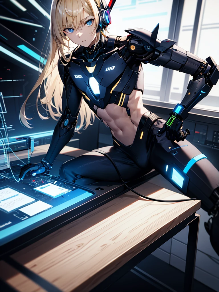 blue eyes and blonde straight hair and is a handsome age boy turned into a cyborg in a futuristic lab wearing a futuristic headset in cyborg crop top armor with mind control device, lying his back on top of a futuristic table with mindcontrol device connected to futuristic technology