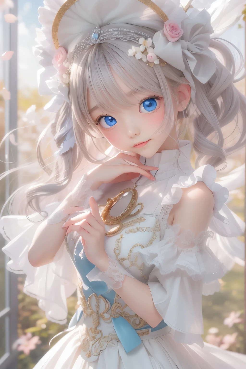 There is a woman in a white dress holding a music box, artwork in the style of Gwaiz, Gwaiz on pixiv artstation, Gwaiz on artstation pixiv, Gwaiz, Fantasy art style, Gwaiz masterpiece, Beautiful and elegant queen, Beautiful character drawings, Detailed digital anime art, Blonde Princess, Gray Hair, Sky blue eyes, Pink Lips