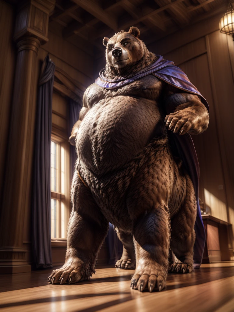 fur taur, fur, bear taur, quadruped, digitigrade, highly detailed, realistic, cinematic lighting, fantasy, (best quality,4k,8k,highres,masterpiece:1.2),ultra-detailed,(realistic,photorealistic,photo-realistic:1.37),intricate details, cinematic composition, dramatic atmosphere, volumetric lighting, detailed texture, muted tones, warm colors, detailed belly body, muscle belly(white), cloak(shortest), detailed face, bear ears, bear nose(black), detailed hands, detailed taur body, bear legs, bear paws, bear tail