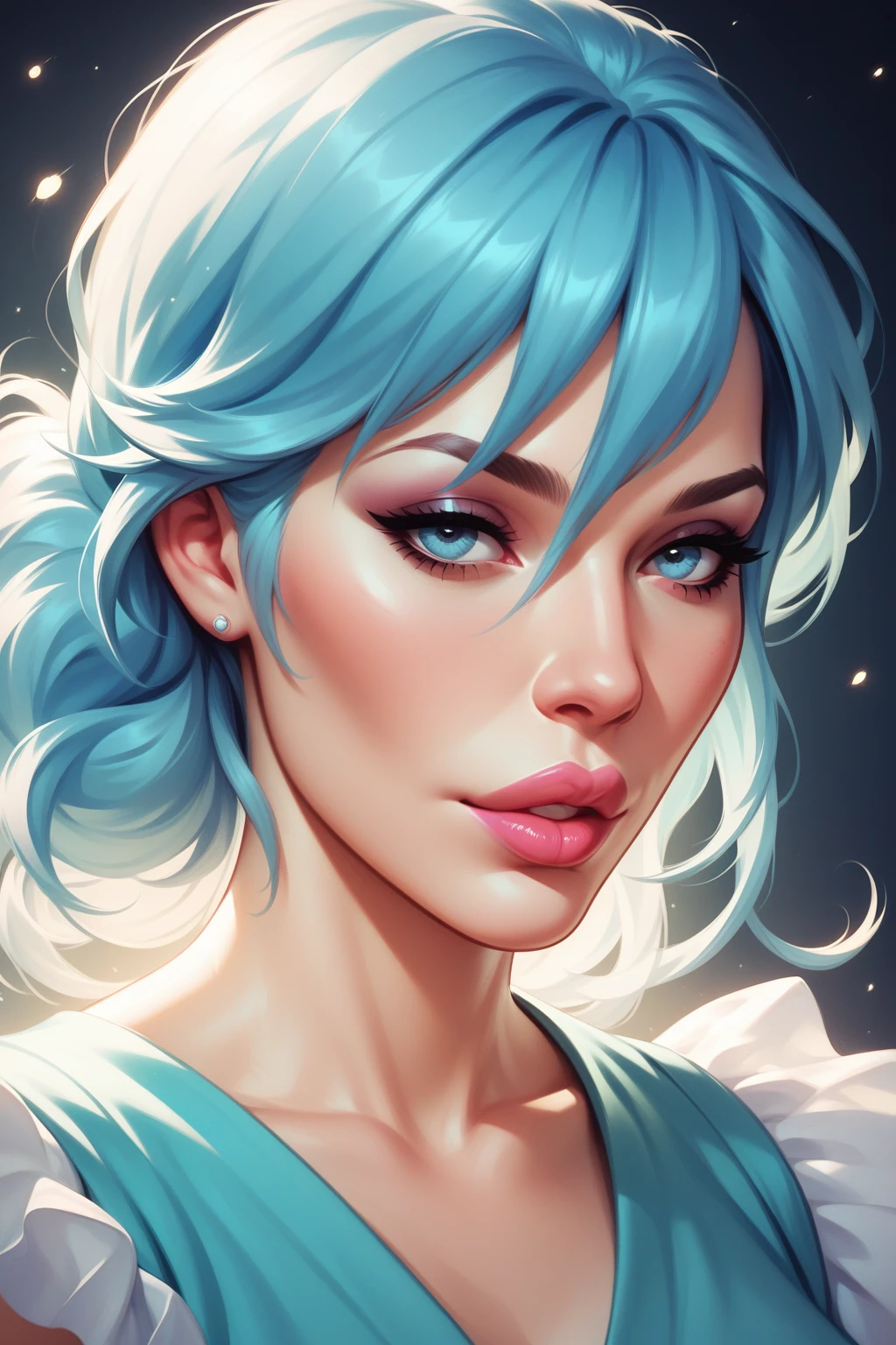 A girl with short light-blue hair, light-blue eyes. She have beautiful pink lips, she look very calm and smart. Ultra detailed, masterpiece, UHD