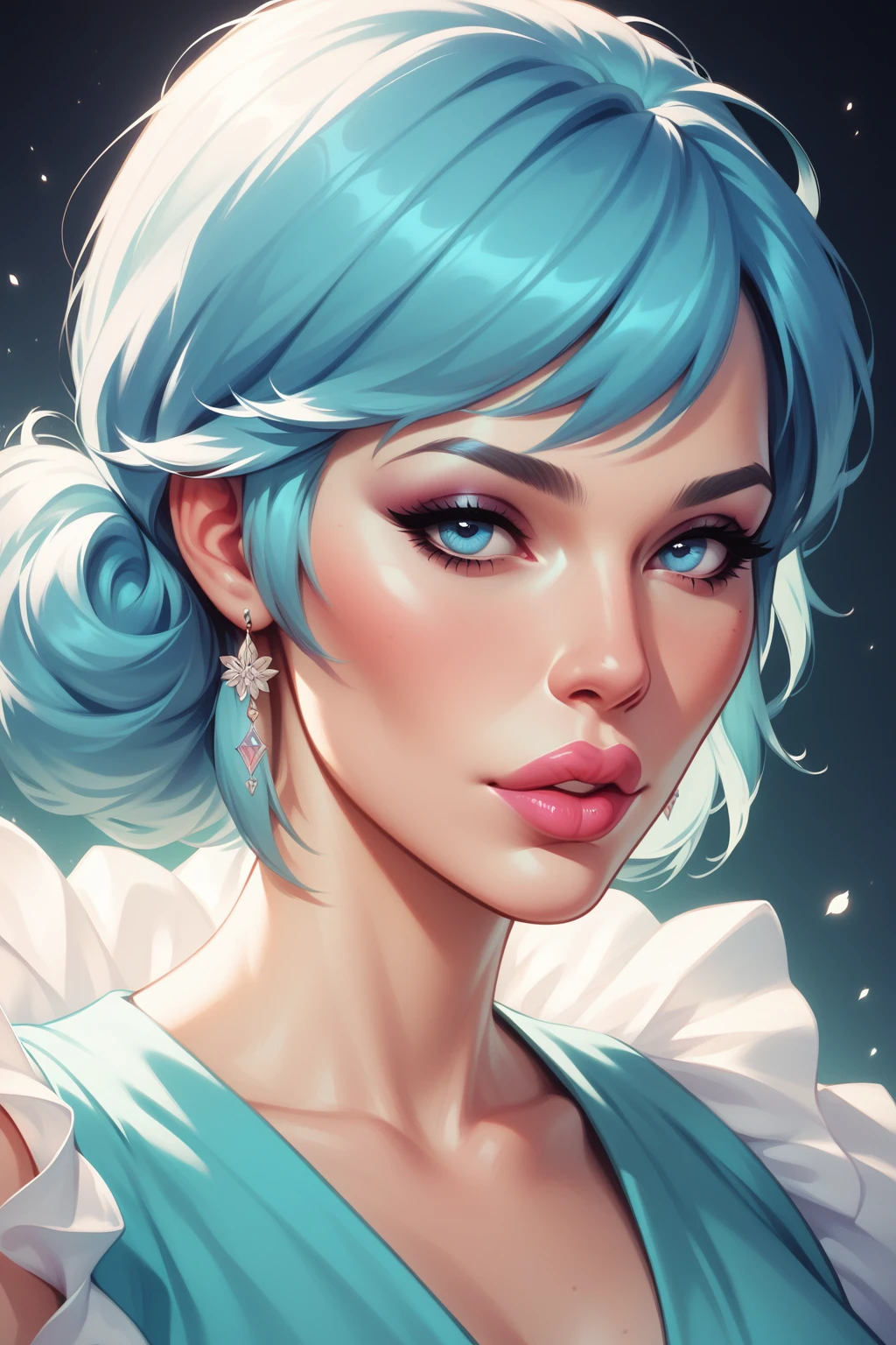 A girl with short light-blue hair, light-blue eyes. She have beautiful pink lips, she look very calm and smart. Ultra detailed, masterpiece, UHD