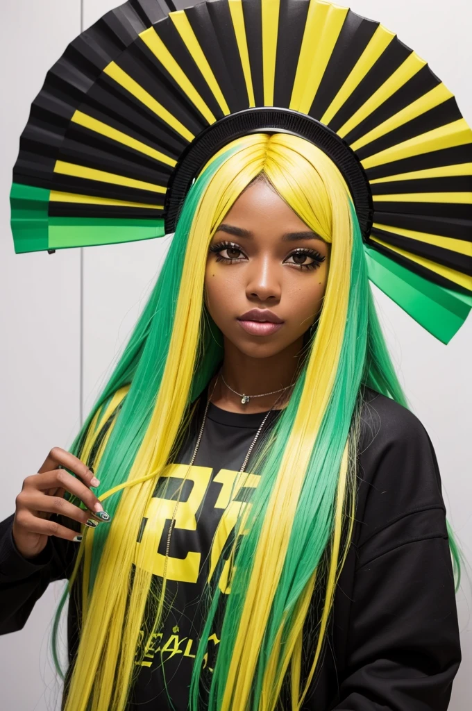 A black fan from Brazil with green and yellow hair