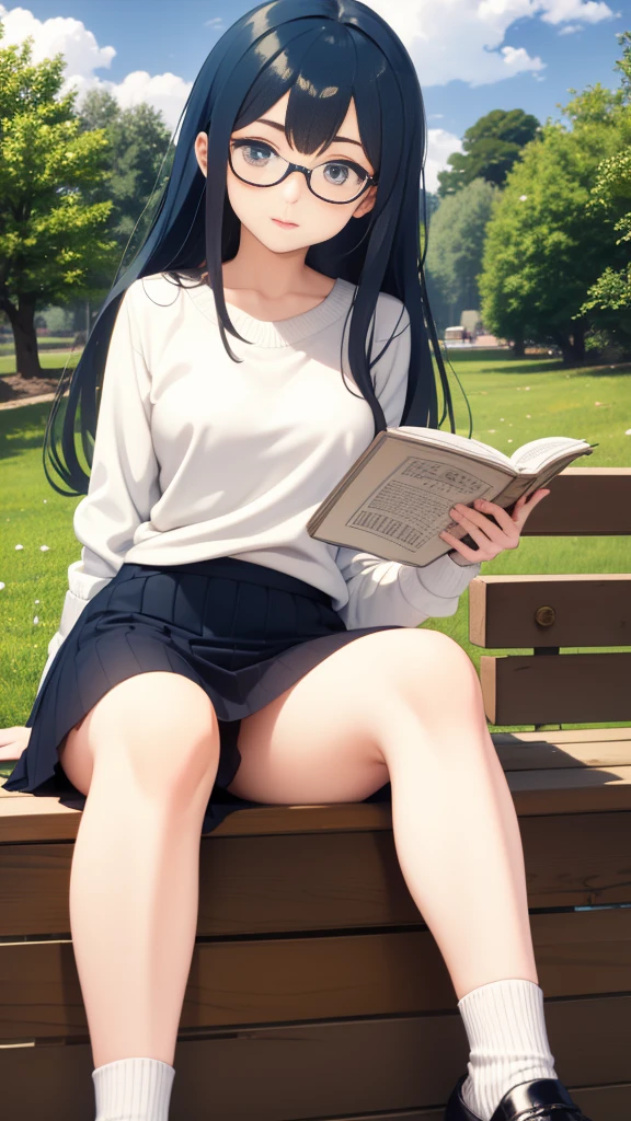 Create an anime-style illustration of a named Shizuka. She has long, straight, blue hair with bangs cut straight across her forehead. She has large, almond-shaped silver-blue eyes and porcelain-like white skin. Shizuka often wears glasses. Her outfit consists of a loose sweater paired with a skirt, knee-high socks, and loafers. Shizuka is an introverted, quiet girl who prefers to spend her time alone in peaceful places, reading books or drawing. She has no accessories. The background should be a tranquil suburban setting, highlighting her serene and introspective nature.