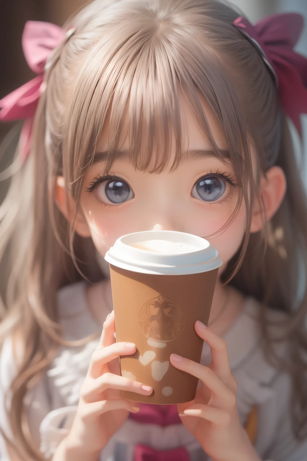 A young girl is holding a coffee cup in her hand, Girl cute beautiful face, Cute natural anime face, With a cute - lovely - face, sakimi chan, Chiho, Yoshitomo Nara, Young and pretty face, Beautiful Japanese girl face, 茶色の髪とBig eyes, pretty girl, Beautiful light、Big eyes