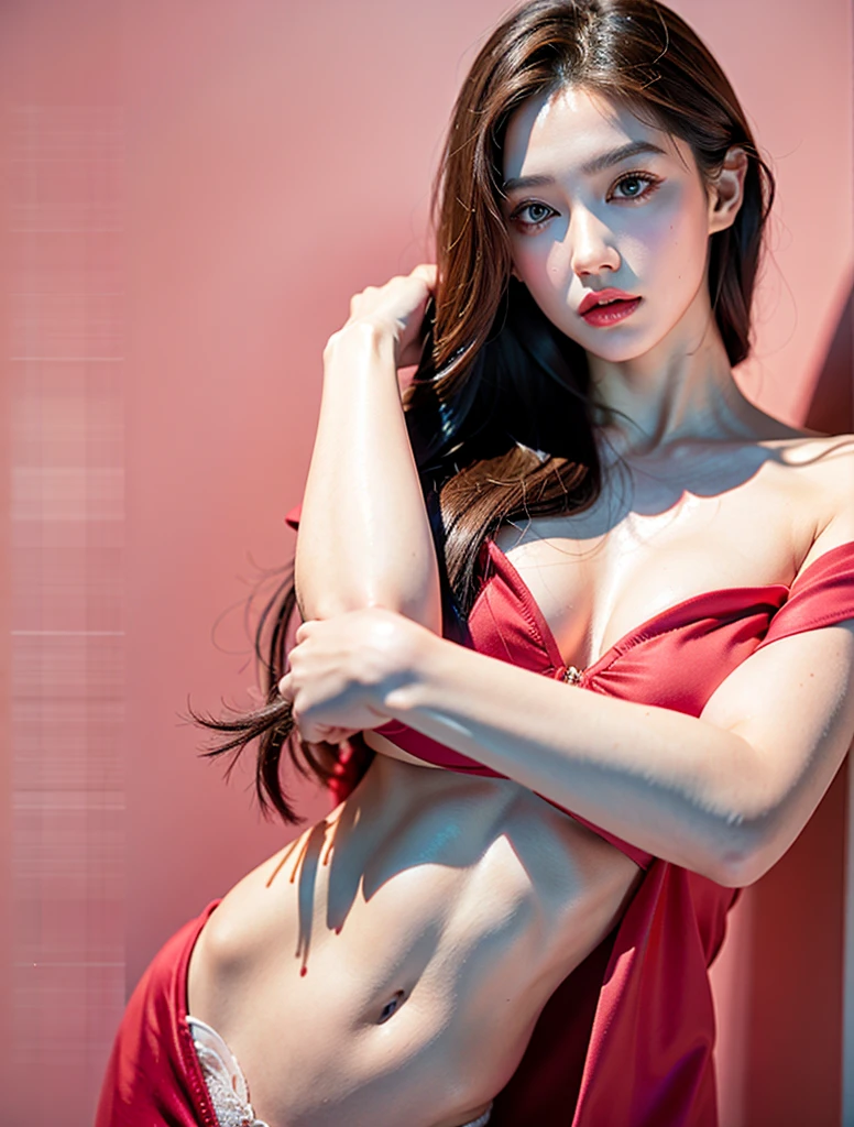 1girl hd, hd gris background, pink lips almond eyes, long brown hair, focus on face, Red blouse, thin with thin arms and big breasts
