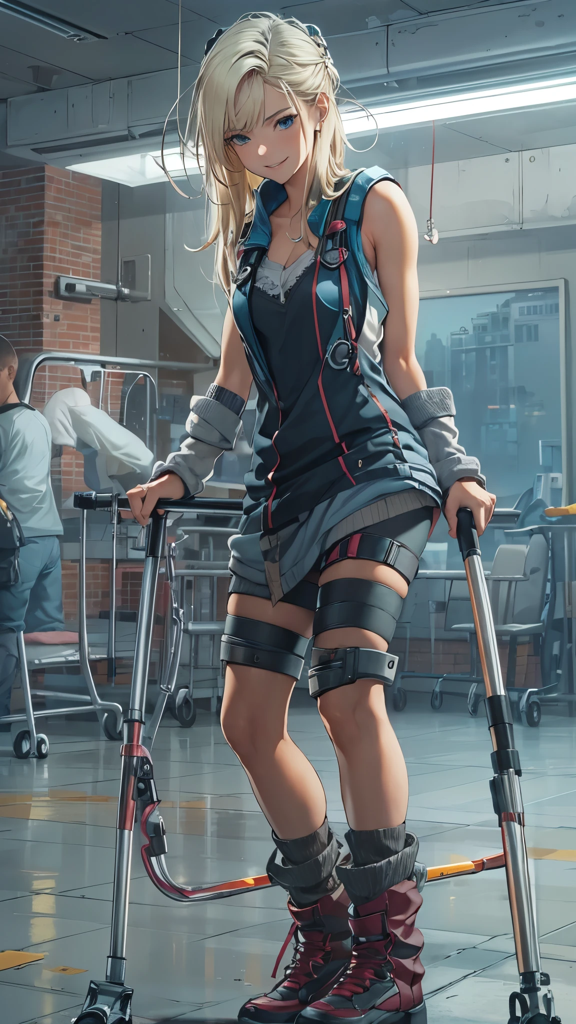(Very detailed, Realistic), Cityscape, [moderately:Oil], [Professional:1.1], [Physically Based Rendering], [Bright colors], [Sharp focus], [Studio Lighting], [Attention to detail], [Highest quality,4K,8K,High resolution,masterpiece:1.2],(Detailed face),((In the hospital)),((One 18-year-old woman)),(Blond messy hair),(dark),(it hurts),(scared),(Grin),[Nervous eyes],((Her legs are very thin)),((She walks using crutches,Crutch length from armpit,She has crutches beside her)),((She relies on crutches)),((She has a cast on her leg.)),((Leg Brace)),((Leg Brace)),((She is a wheelchair user)),((She is a wheelchair user)),((Her feet are pointing inwards)),(Street Casual Fashion,Cold shoulder tops,Shorts,loose socks),((Lace-up boots)),(gloves,Knee pads),.