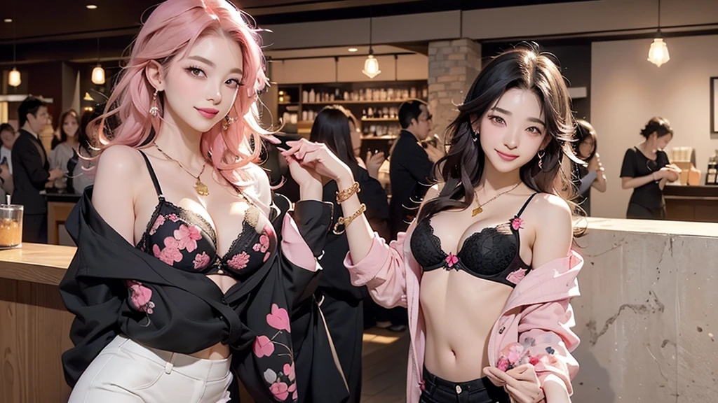 Inside the Starbucks store、24-year-old office lady in a miniskirt suit、Eat cake、Drink coffee、smile、Heart Necklace、Gold bracelet
((Emphasize cleavage))
(((A pink and black floral bra is visible.)))
((((Dark eye makeup))))