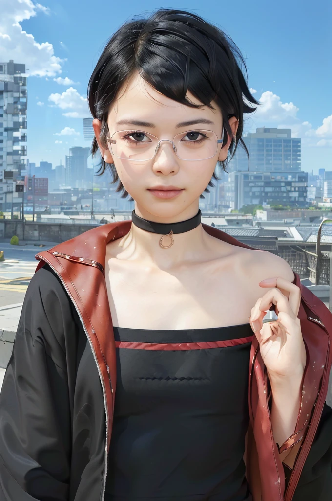 masterpiece, best quality, (realistic,photo-realistic:1.4), (RAW photo:1.2), extremely detailed CG unity 8k wallpaper, delicate and beautiful, amazing,finely detail, official art, absurdres, incredibly absurdres, huge filesize, ultra-detailed,extremely detailed eyes and face,light on face,(little smile),sarada,(black hair:1.4),(tomboy haircut:1.4),(small breast:1.4),(wearing robe1.5),(city background:1.4),(hamburger:1.4),tube top,(wearing glasses:1.4)