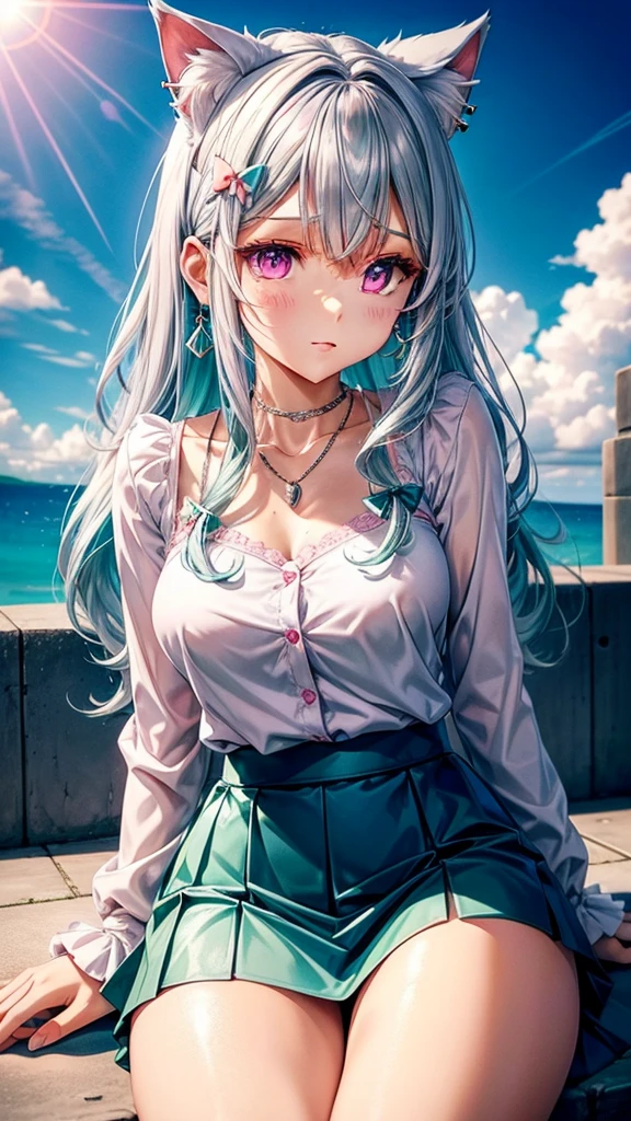 Silver hair, pink eyes, body, cat ears, sexy girl, earrings, cloud and sun background, hair bows, sit, teal green dress