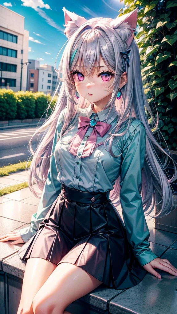 Silver hair, pink eyes, body, cat ears, sexy girl, earrings, cloud and sun background, hair bows, sit, teal green long sleeve blouse, skirt, pink necklace 