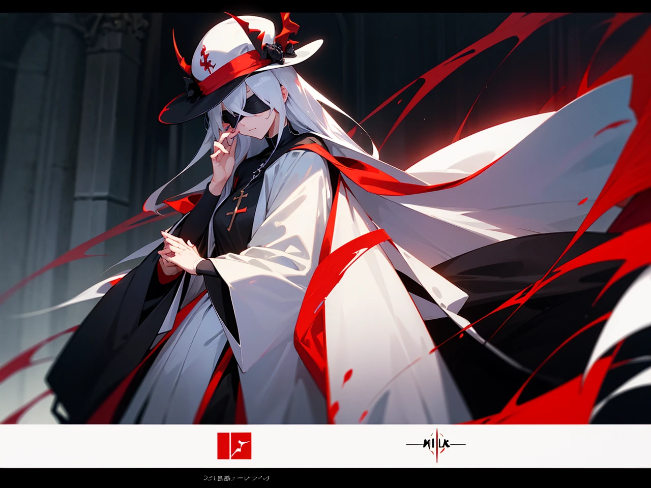 Make an anime poster, has 4 women in it, on the left side a classy dressed beauty with only the colors red and white, has an angelic presence but a demonic personality, she wears a hat on her head and a long mature gown. On the middle, a millitary general with black and white hair, and a blindfold covering her eyes. Behind her in the back, a woman faded in the background, only her eyes red Phoenix can be seen. Finally at the very right side a nun with a blindfold and a church nun fantasy black dress, holding her hands together symbolizing a prayer gesture.