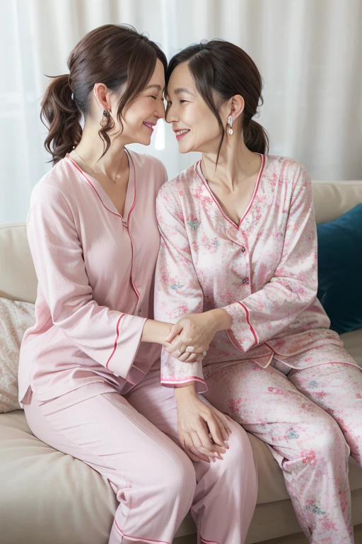 8K, Two beautiful mature twin women, Twins 2 people, Mature 55 year old beautiful Japanese woman, Delicate lines, Long eyelashes, Beautiful Eyes, Low Ponytail, Red lipstick, necklace, Earrings, (Colorful pajamas), Sit on the sofa, Holding hands and looking at each other