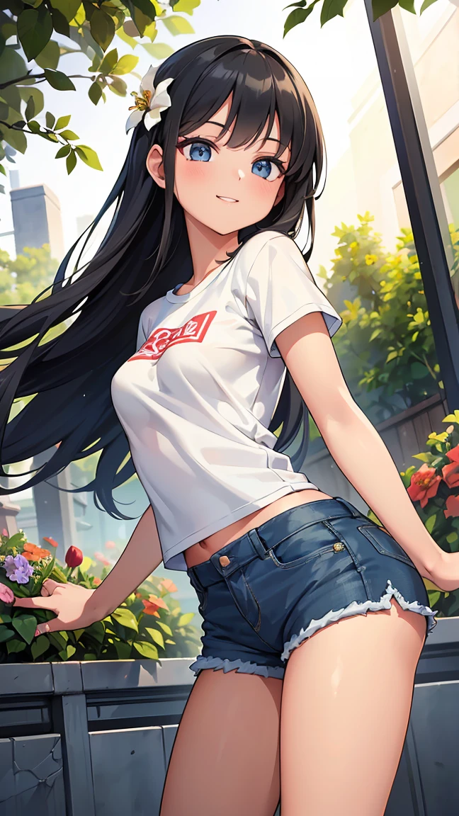 (8K, Live shooting, best quality, muste piece: 1.2), High-definition RAW color photo, Professional photography, cinematic light, ((1 girl)), focus on butt, (Low - Angle:1.2), super cute face, (black long hair), smile, Gorgeous body, glossy lips, slender body, big breasts, small butt, ((T-shirt, denim shorts, )), with your back turned:1.5, Are standing:1.2, Turn around pose, natural makeup, long eyelashes, shiny hair, asymmetrical bangs, tanned skin, pretty face, beautiful detailed eyes, beautiful body, beautiful chest, beautiful thighs, beautiful legs, (((clean fingers, 5 fingers on hand, five fingers))), (((flower garden, garden))), central image, high resolution, high detail, detailed hairstyle, detailed face, epic movie lighting, lively, hyper real, perfect limbs, perfect anatomy, anatomically correct,