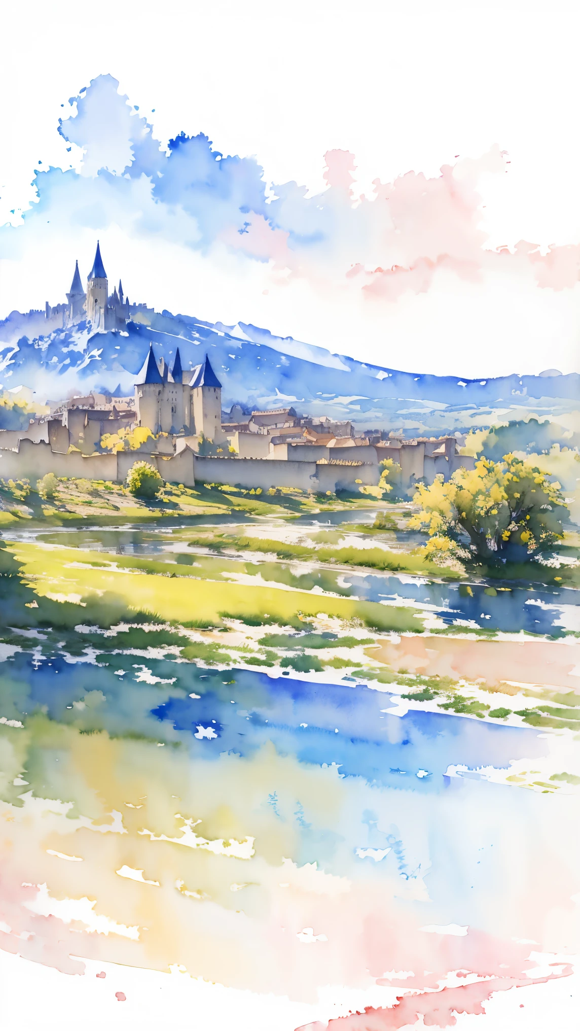 (masterpiece:1.2, Highest quality),(Very detailed),(((watercolor))),8K,wallpaper,Landscape of France,Carcassonne
