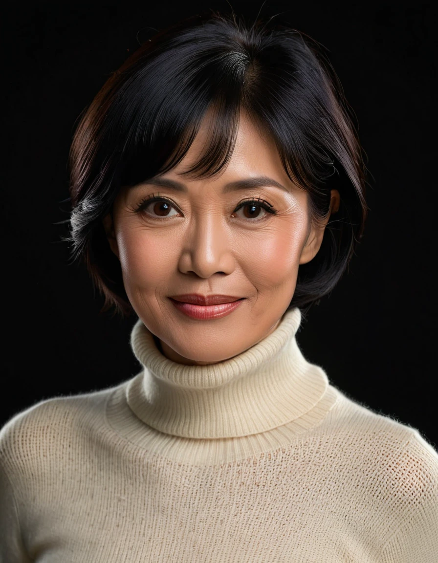 a fifty year lady, Indonesian face, elegant, short black hair, ivory turtle neck sweater, friendly face, stunning, peaceful face, 8k, ultra detailed, solid black background