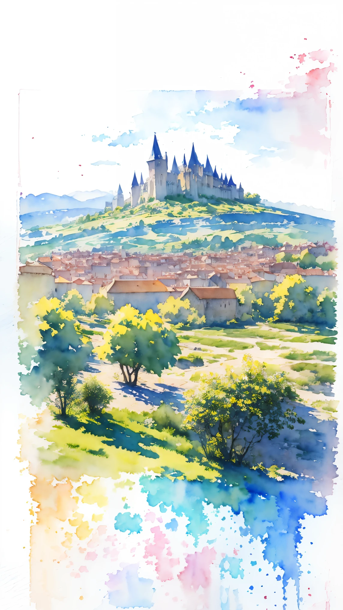 (masterpiece:1.2, Highest quality),(Very detailed),(((watercolor))),8K,wallpaper,Landscape of France,Carcassonne