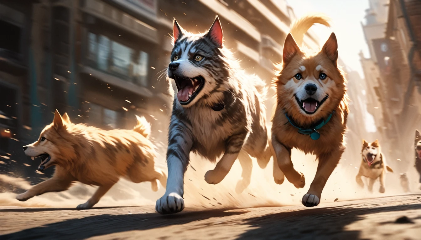 a cat hunting a dog while both of them running, detailed realistic cat and dog, extremely realistic fur and movement, dynamic action scene, intense chase, dramatic lighting, vibrant colors, cinematic composition, professional 4k photography, hyperrealistic, intricate details, masterpiece