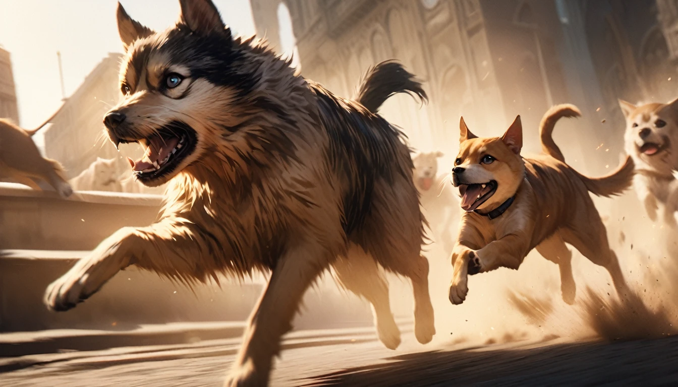 a cat hunting a dog while both of them running, detailed realistic cat and dog, extremely realistic fur and movement, dynamic action scene, intense chase, dramatic lighting, vibrant colors, cinematic composition, professional 4k photography, hyperrealistic, intricate details, masterpiece