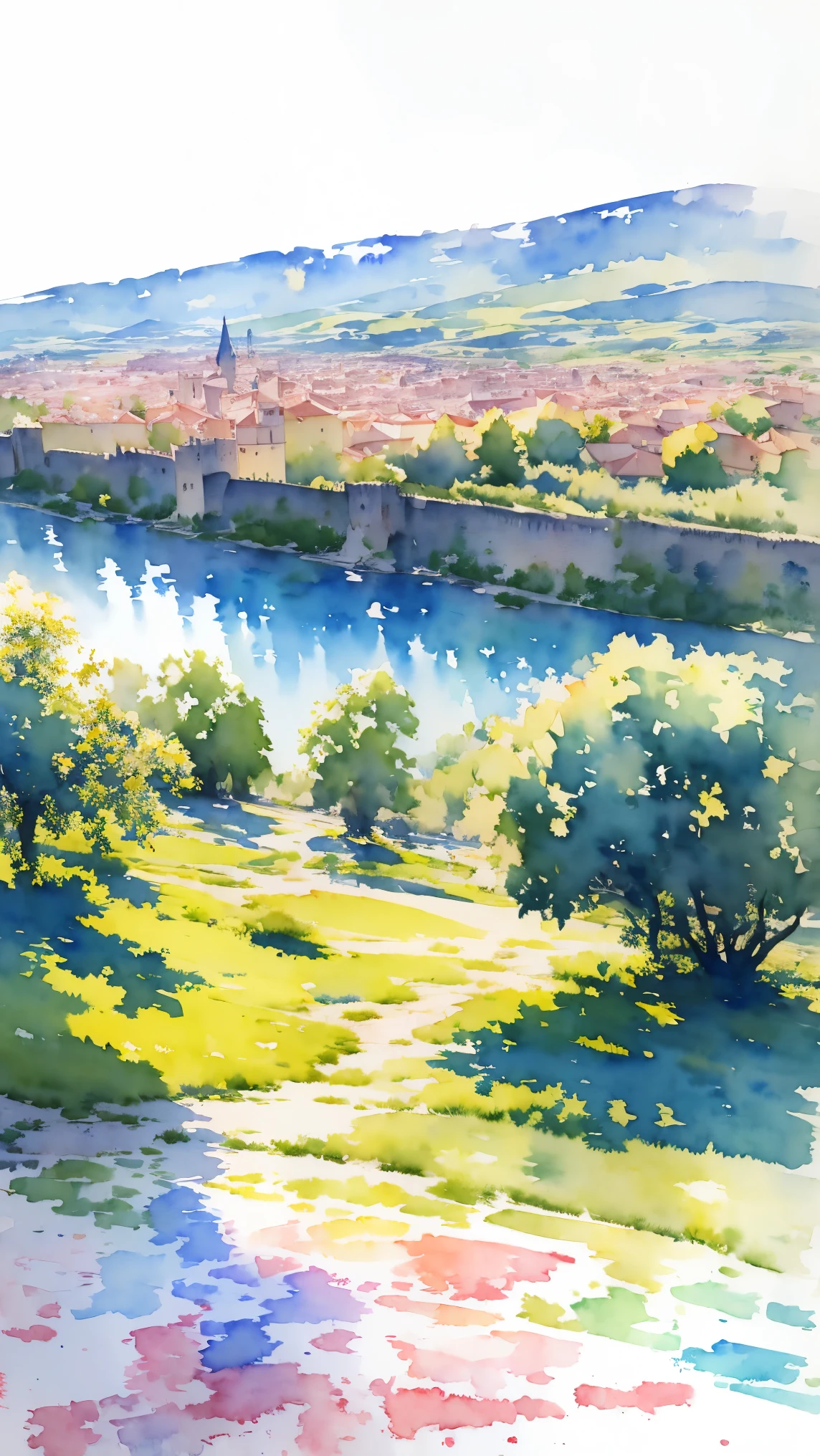 (masterpiece:1.2, Highest quality),(Very detailed),(((watercolor))),8K,wallpaper,Landscape of France,Carcassonne,(((透明watercolor)))