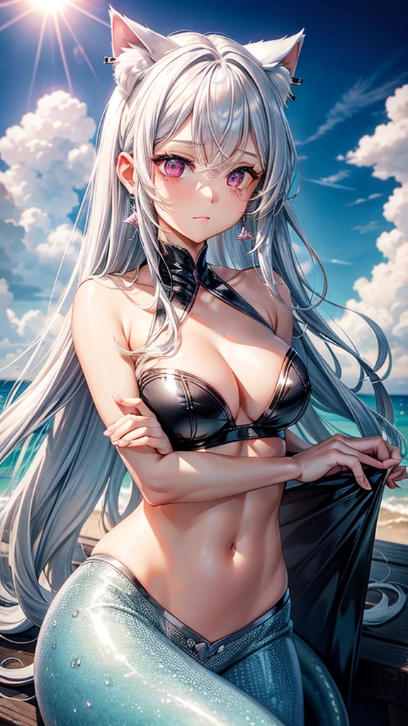 Silver hair, pink eyes, body, cat ears, sexy girl, earrings, cloud and sun background, hair bows, mermaid