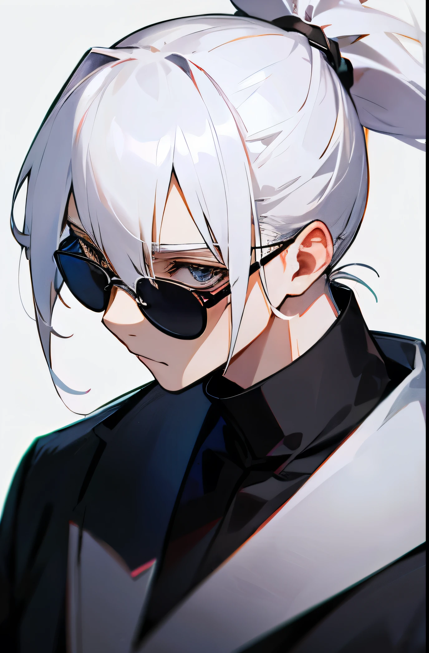 Ponytail tied, white hair style, wearing black glasses, man