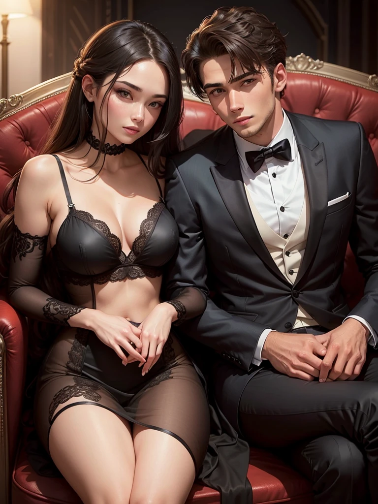 a handsome young man, in a nice looking suit, sitting with beautiful woman in black lingerie