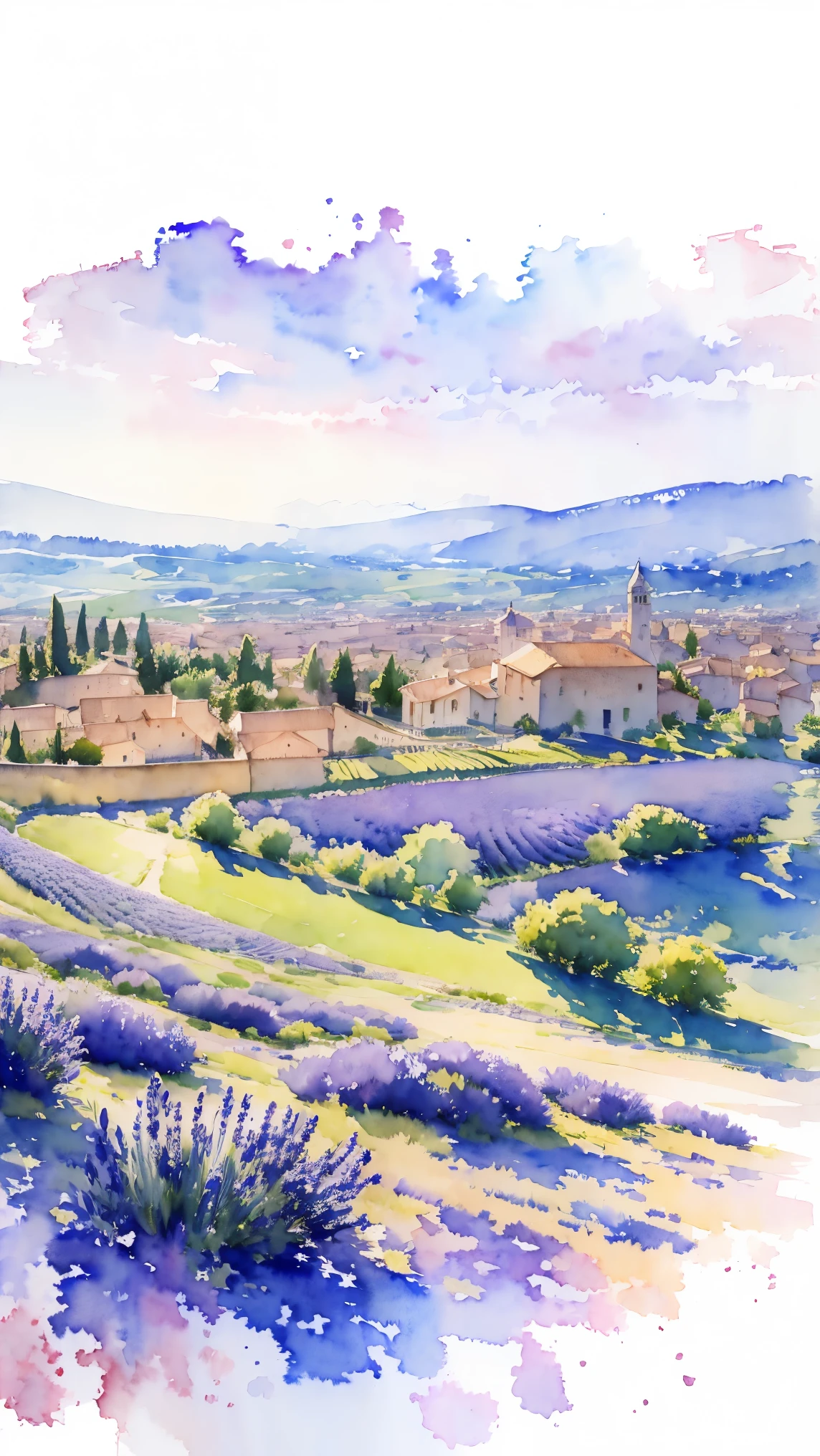(masterpiece:1.2, Highest quality),(Very detailed),(((watercolor))),8K,wallpaper,Landscape of France,Lavender fields in Provence