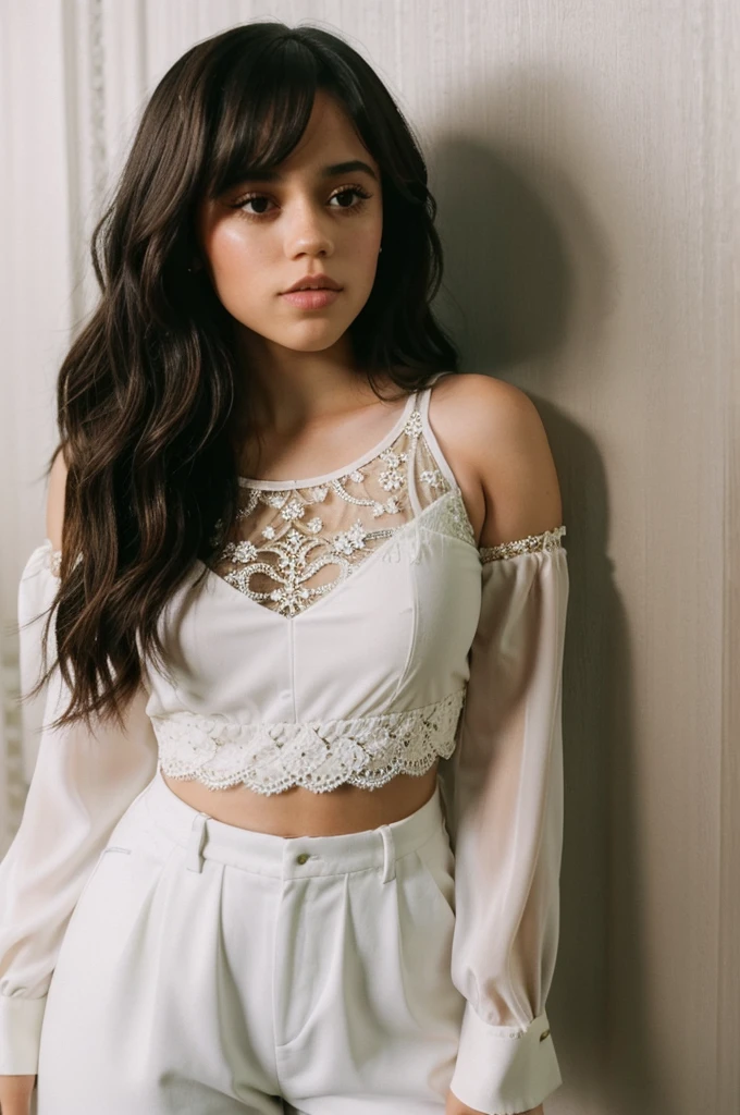 jenna_ortega wearing lacy crop top, long hair, 
upper body, solid wall background, 
 