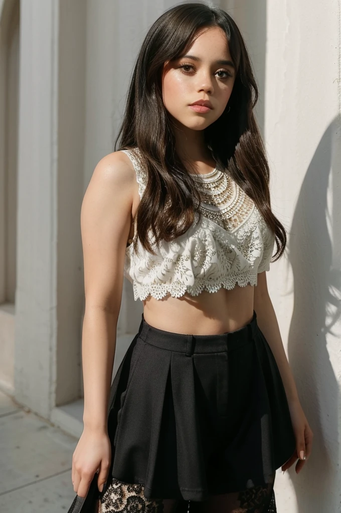 jenna_ortega wearing lacy crop top, long hair,
upper body, solid wall background,
