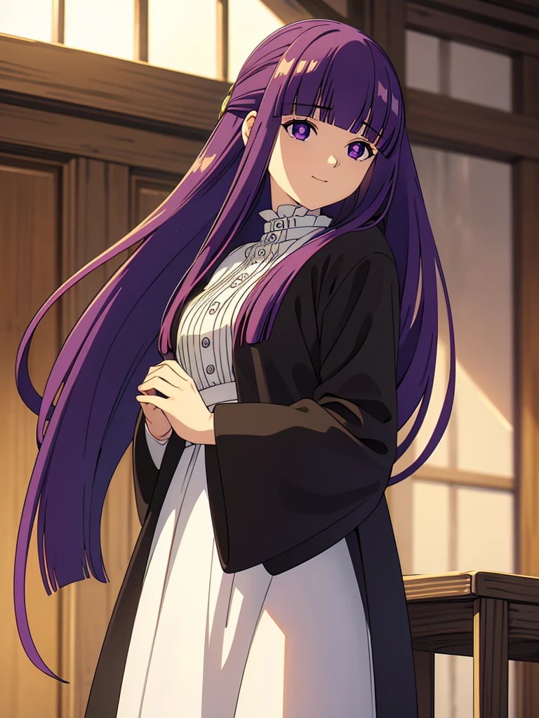 è²ä¼¦,1girl,solo,purple hair,long hair,purple eyes,blunt bangs,sidelocks,half updo,bright pupils, hair ornament,frilled collar,black robe,white dress,center frills,buttons,wide sleeves,long sleeves,curvy,cowboy shot,brown coat,from side,smile,, Exquisite visuals, high-definition,masterpiece,best quality,, 20yo,Young female,Beautiful Finger,Beautiful long legs,Beautiful body,Beautiful Nose,Beautiful character design, perfect eyes, perfect face,expressive eyes, looking at viewer, official art,extremely detailed CG unity 8k wallpaper, perfect lighting,Colorful, Bright_Front_face_Lighting,shiny skin, (masterpiece:1.0),(best_quality:1.0), ultra high res,4K,ultra-detailed, photography, 8K, HDR, highres, absurdres:1.2, Kodak portra 400, film grain, blurry background, bokeh:1.2, lens flare, (vibrant_color:1.2), (beautiful_face:1.5),(narrow_waist), 