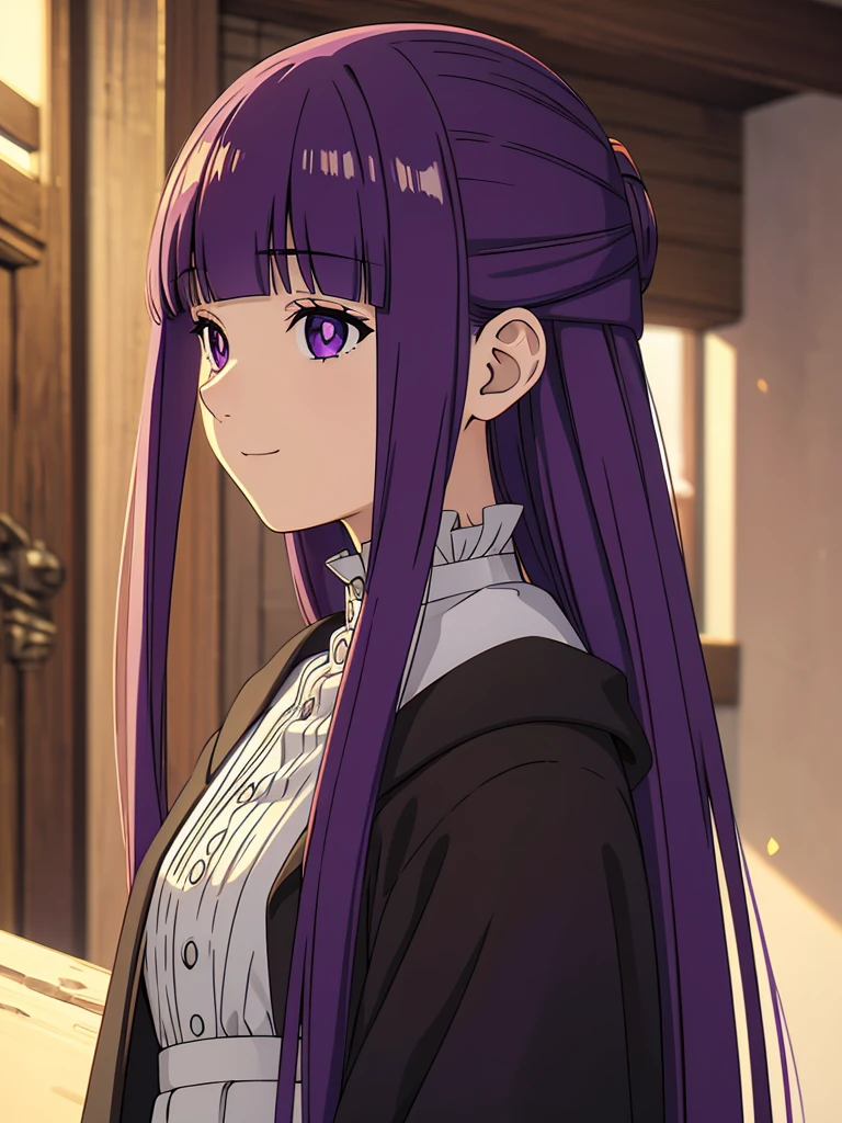 è²ä¼¦,1girl,solo,purple hair,long hair,purple eyes,blunt bangs,sidelocks,half updo,bright pupils, hair ornament,frilled collar,black robe,white dress,center frills,buttons,wide sleeves,long sleeves,curvy,cowboy shot,brown coat,from side,smile,, Exquisite visuals, high-definition,masterpiece,best quality,, 20yo,Young female,Beautiful Finger,Beautiful long legs,Beautiful body,Beautiful Nose,Beautiful character design, perfect eyes, perfect face,expressive eyes, looking at viewer, official art,extremely detailed CG unity 8k wallpaper, perfect lighting,Colorful, Bright_Front_face_Lighting,shiny skin, (masterpiece:1.0),(best_quality:1.0), ultra high res,4K,ultra-detailed, photography, 8K, HDR, highres, absurdres:1.2, Kodak portra 400, film grain, blurry background, bokeh:1.2, lens flare, (vibrant_color:1.2), (beautiful_face:1.5),(narrow_waist), 