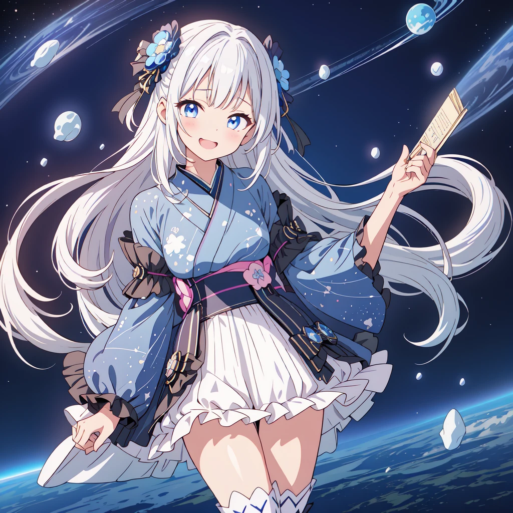 Sitting on the crescent moon、A spaceship with a cute rabbit face、Star Fairy、(((One girl)))、Lower Body Shot、Focus on the boots、vtuber half body、Star Fairy、「Beautifully printed galaxy patterned kimono and gothic lolita outfits.、Space Pattern Ruffle Box Pleated Mini Skirt、Frontal portrait、Knee-high boots、Captivating eyes、Perfect and amazing face、Exquisite detail、Clear images、Highest quality。」Milky white and blue gradient straight long hair、
