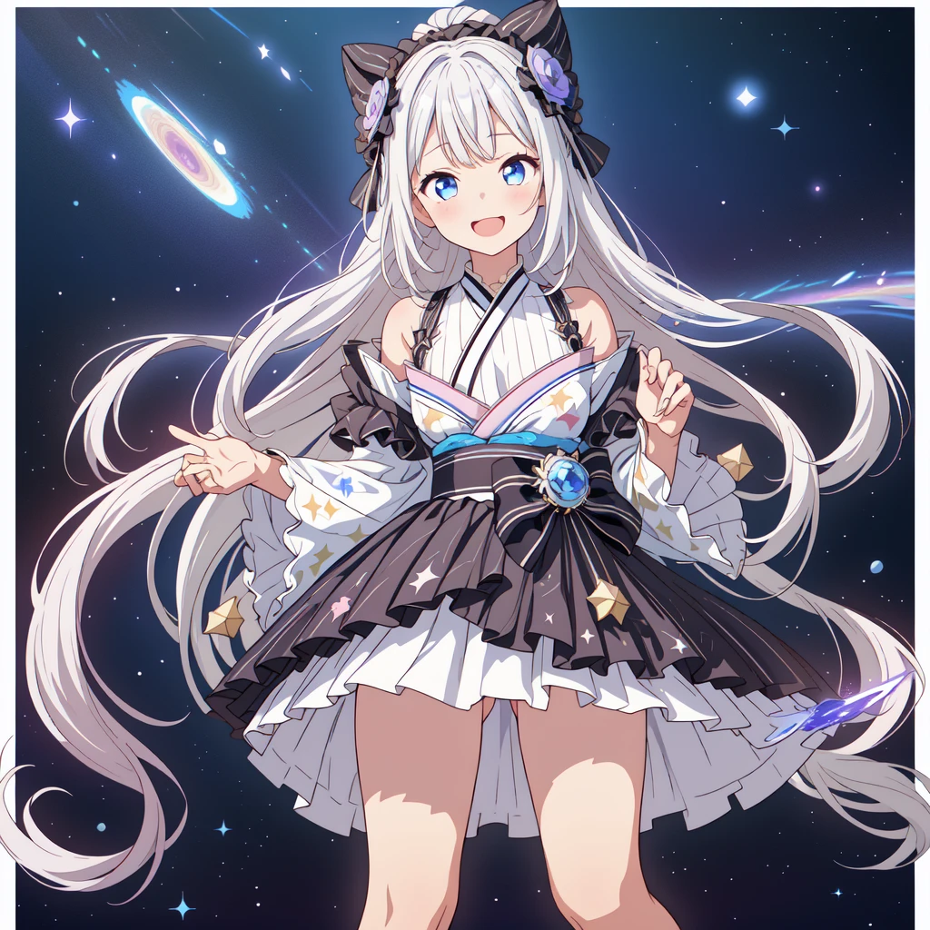 Star Fairy、(masterpiece, Highest quality), One girl, 「Beautifully printed galaxy patterned kimono and gothic ta outfits.、Space Pattern Ruffle Box Pleated tand in front of the audience、Knee-high boots、Captivating eyes、Perfect and amazing face、Exquisite detail、Clear images、Highest quality。」Milky white and blue gradient long straight hair、smile、Laughing happily、